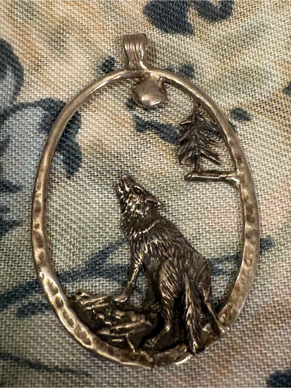 Artisan Crafted Wolf Howling at The Moon, with Pine Tree ~ Sterling Silver 1988